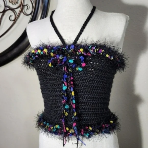 HANDCRAFTED Top Corsetted Cropped Crochet Black Size M - Picture 11 of 13